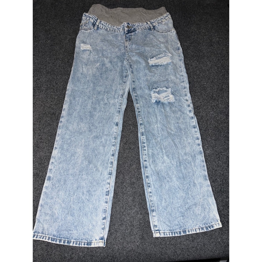 SHEIN Maternity Jeans Size L Light Wash Distressed Straight Leg Blue Denim